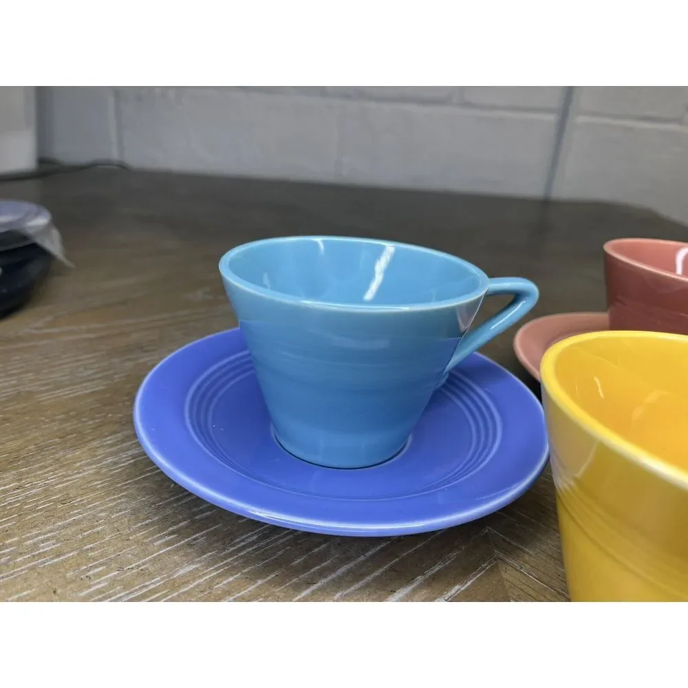 Homer Laughlin China - Harlequin 4 Cups 3‎ Saucers - Chartreuse Yellow Blue Rose